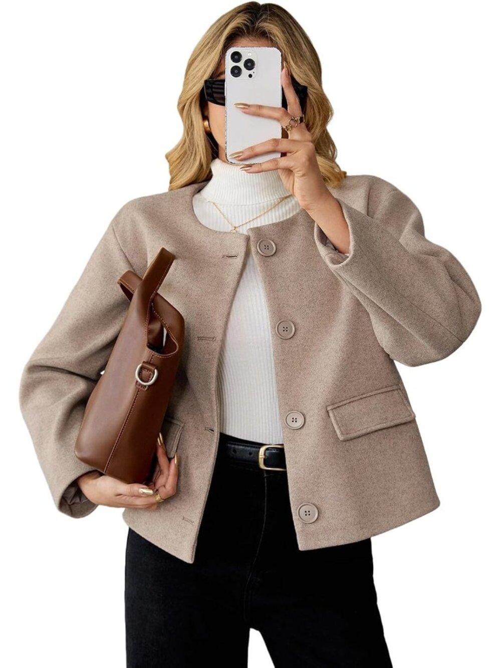 Women's Camel Wool Blend Cropped Collarless Long Sleeve Short Fall Pea Overcoat